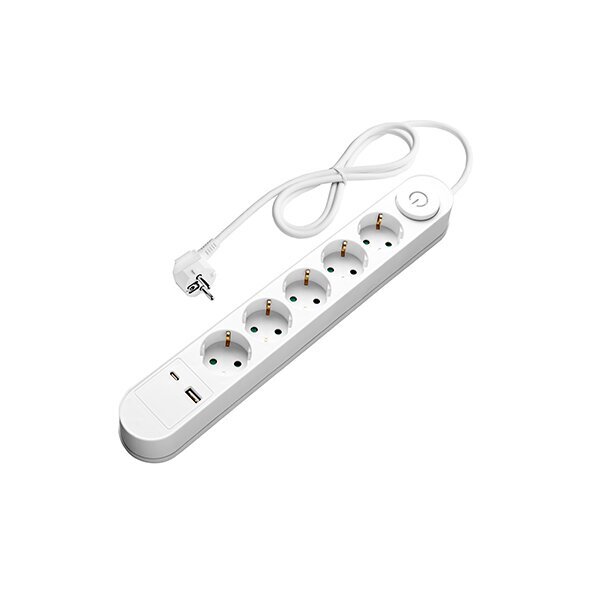 7618 РАЗКЛОНИТЕЛ 5 ГНЕЗДА+SWITCH+USB-A(1A)+USB-C(PD18W) H05VV-F3G1.5mm-1.5M, 16A, 250V, Max3500W – БЯЛ - Image 1